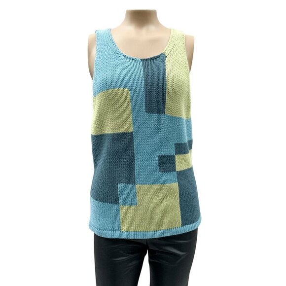 Brooks Brothers Womens Tank Top Knit Color Block Blue Green Cotton Blend Retro M - Picture 1 of 9